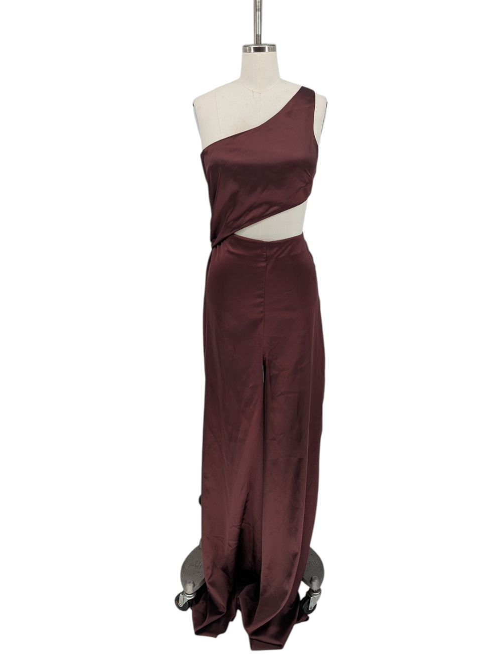 30226 Asos One Shoulder Satin Wide Leg Jumpsuit Burgundy size 4 Tall evening